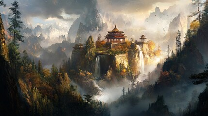 Majestic mountains frame a tiered structure with a golden roof, waterfalls cascade, trees dot the peaks under a cloudy sky