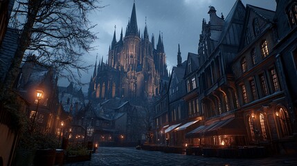 Gothic cathedral dominates a cobblestone street lined with buildings under a stormy dusk sky, illuminated by streetlamps