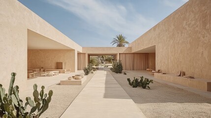 Modern Sandstone Building Exterior with Geometric Design Pathway and Cacti Under Clear Blue Sky In Daylight