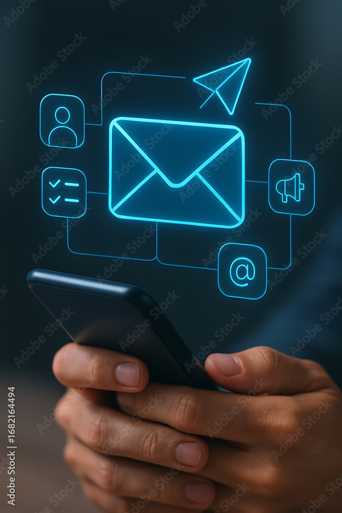 Poster a person is holding a smartphone with a glowing holographic email envelope icon in the center, conne