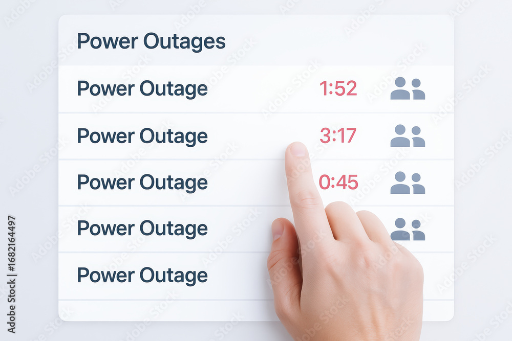 Aufkleber power outage list with time durations and hand pointing on screen indicating power outage details an