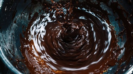 Close Up of Dark Chocolate Batter Being Mixed in a Silver Bowl Showing Delicious Texture and Fluid Motion for a Rich Dessert Preparation