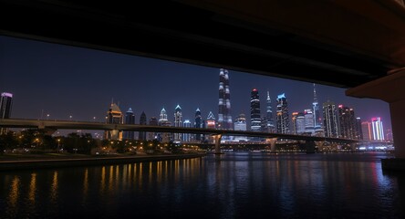 Fototapeta premium Night cityscape view from under a bridge, reflecting lights on water, modern skyscrapers, urban scene at night