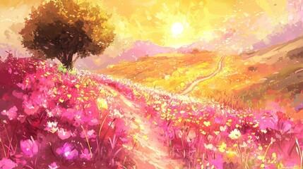 Lush Pink Flower Field with Lone Tree and Mountains Under a Golden Sunset Sky in a Pixel Art Style Landscape