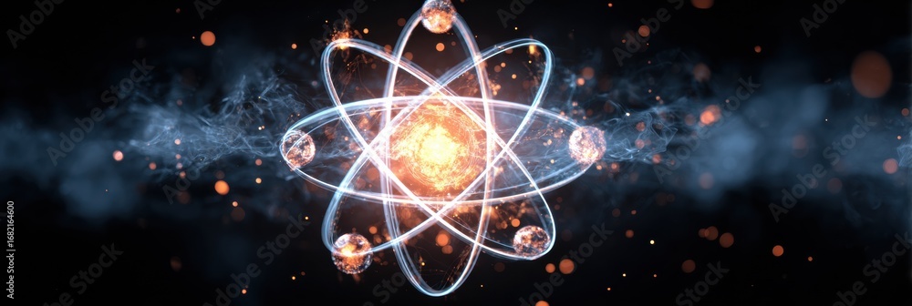 Poster a digital artwork showcases a dynamic visualization of an atomic structure with luminous particles a