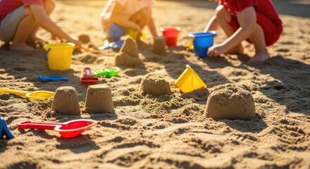 Children Building Sandcastles With Colorful Toys on Sunny Sandy Beach at Summer Seaside With Bright Light