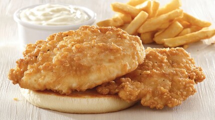 Crispy Golden Fried Fish Fillets on Bun with Fries and Creamy White Sauce on White Wood Table in Warm Light