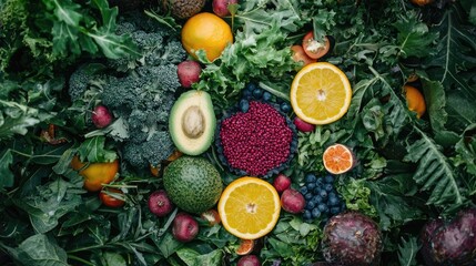 Vibrant Assortment of Fresh Fruits and Vegetables Featuring Kale Oranges Avocado Radishes Berries and Beets Arranged on a Dark Green Backdrop