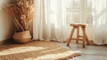 Bohemian Home Decor with Woven Rug Stool and Pampas Grass Near Window with Sheer Curtains in Bright Sunlight