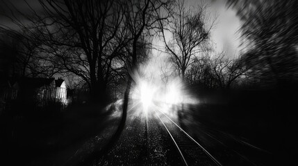 Abstract Dark Night Scene with Trees and Car Lights Motion Blur on a Foggy Road in Black and White