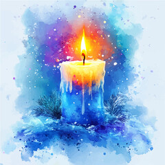 Candle Glowing Winter Night, watercolor clipart vector, isolated on a white background.