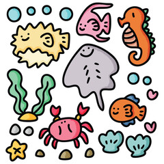 Sea Animal Doodle Set Cute Ocean Illustration