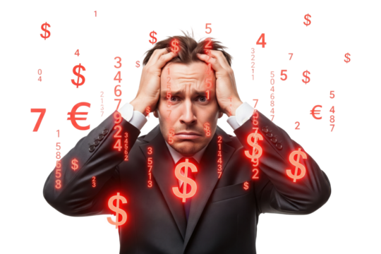 Stressed businessman overwhelmed by financial problems and economic crisis.