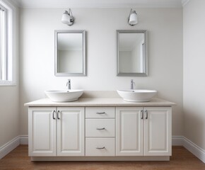 A modern bathroom vanity with two sinks, featuring light, neutral colors, and minimalist design.