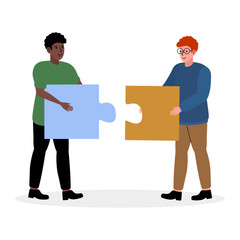 Obraz premium Collaboration between two individuals as they connect puzzle pieces together