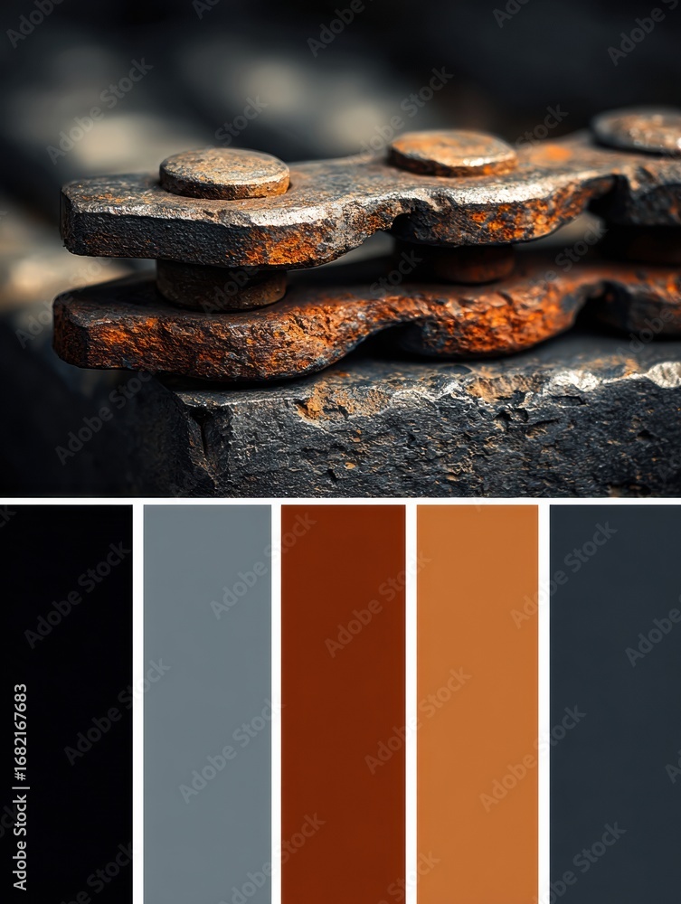 Poster Close-up view of an aged metal chain link showcasing rust and wear against a dark surface, accompanied by a color palette emphasizing muted tones.