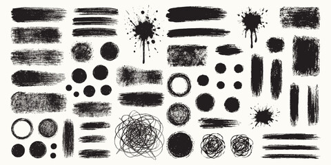 Grunge Brush Vector Elements Set – Ink Splatters, Scribbles, Circles, And Textured Strokes Collection