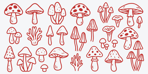 Mushroom Vector Set – Cute Forest Fungi Doodle Collection In Outline Style