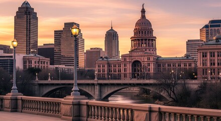 Obraz premium Sunrise cityscape with bridge and government building