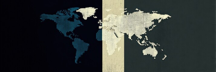 Creative representation of a world map in dark and light colors, highlighting continents and oceans with a pixelated design, ideal for educational purposes.