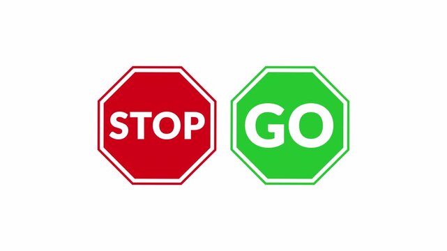 Stop and go signs indicating opposite actions for traffic and decision making concepts