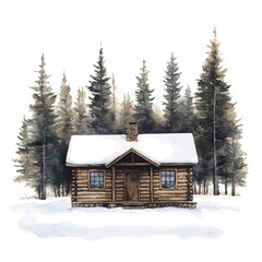 Cabin In Snowy Woods, watercolor illustration vector, isolated on a white background.