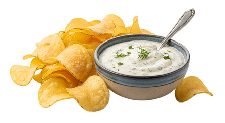 Potato Chips with Dip Isolated on Transparent Background. American food