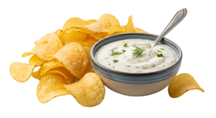 Potato Chips with Dip Isolated on Transparent Background. American food