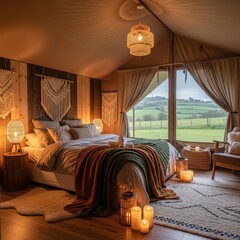 Cozy bedroom interior with bed, lamps, blankets and view of green fields through large window 100c