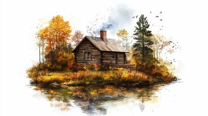 Rustic log cabin with smoke billowing from the chimney, surrounded by vibrant autumn foliage and reflected in still water