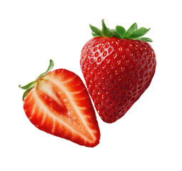 Two fresh strawberries, one whole and one halved,  displaying vibrant red flesh and green leaves
