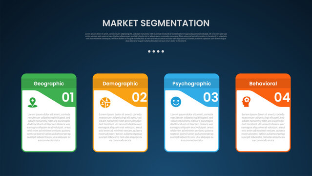 market segmentation infographic template with creative box container with strong upper position dark background style with 4 point for slide presentation