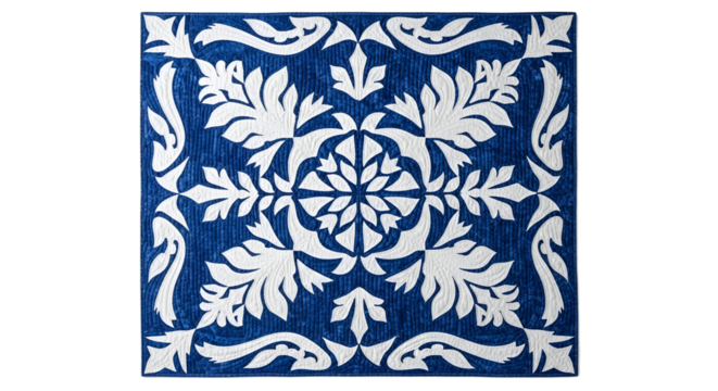 Blue and White Floral Rug Isolated on Transparent Background