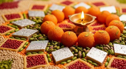Festive Diwali sweets and diya arrangement. Perfect for greeting cards, invitations, and social media posts celebrating the Festival of Lights. Traditional, colorful design.