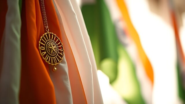 Red star military badge with golden wheat wreath on olive green background