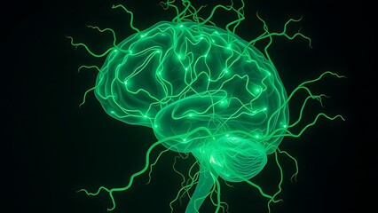 A translucent brain entwined with glowing green bioluminescent vines, pulsing with mysterious energy.