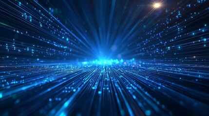 Blue lines of technology stretching symmetrically into the distance