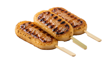 Grilled Mochi Rice Cake on Skewer Isolated on Transparent Background. Japanese food