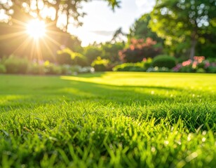 A serene garden landscape bathed in warm sunlight, showcasing vibrant green grass and flora.