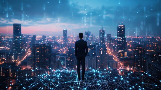 Businessman standing on Smart city map with big data connection technology concept. 3d rendering