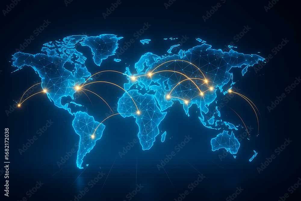 Poster a world map with a network of glowing lines and dots, symbolizing a global network, telecommunicatio