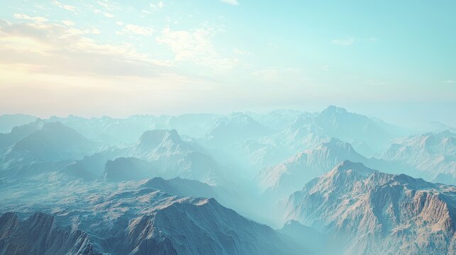 Colorful unreal flight over canyon and mountains in fog 3d illustration