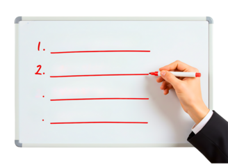Hand writing a list on a whiteboard isolated on transparent background