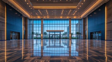 Empty convention center lobby with glass windows and reflective marble floor showing architectural design and space for events