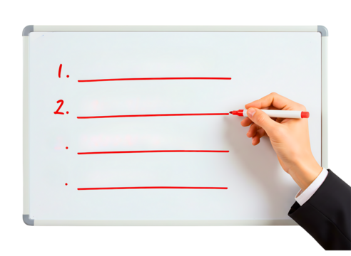 Hand writing a list on a whiteboard isolated on transparent background