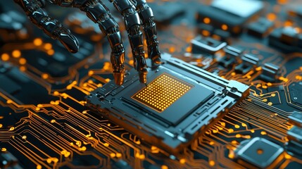 Modern Authentic Robot Arm Holding Contemporary Super Computer Processor Moving into Focus