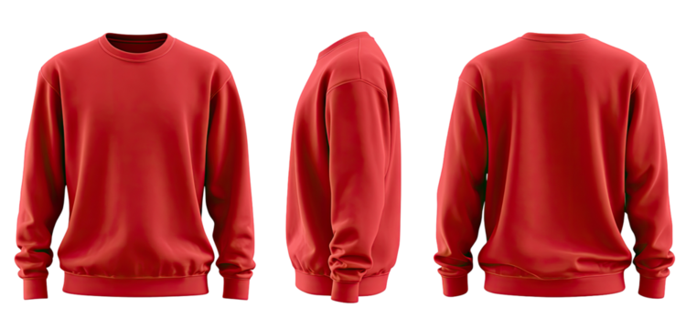 Three-view rendering of a red crewneck sweatshirt