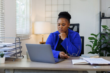 Fototapeta premium Woman, desk and stress in office with headache, fatigue and overworked migraine pain and technology for frustrated employee in workplace. 