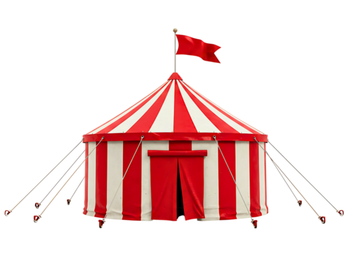 Classic red and white striped circus tent with flag isolated on transparent background - Powered by Adobe