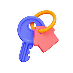 3D icon of a key with a house-shaped keychain For new home ownership, real estate transaction, property access, moving day.